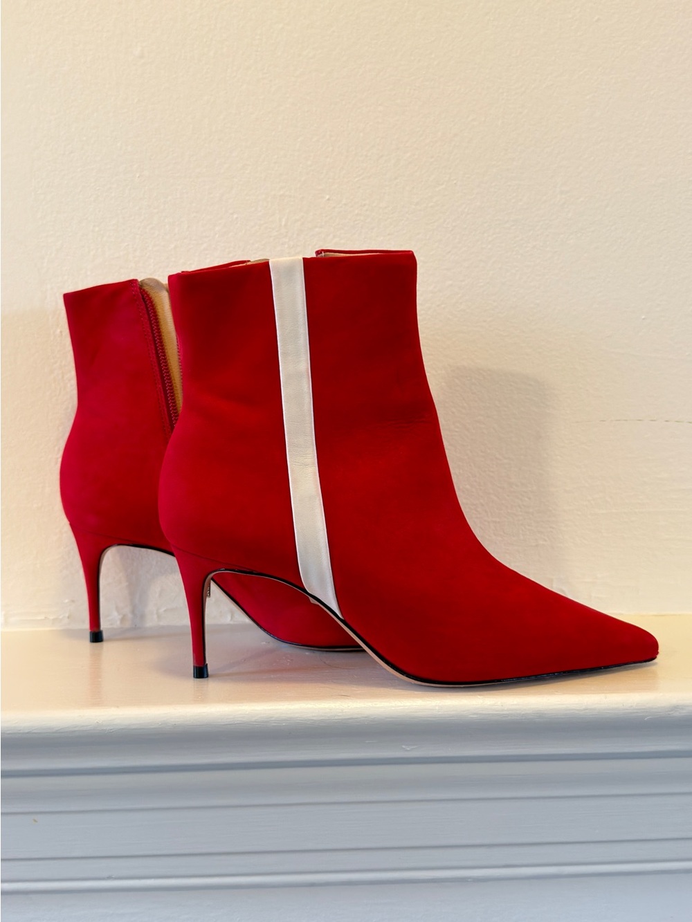 SCHUTZ Red Pointed Ankle Booties with White Stripe